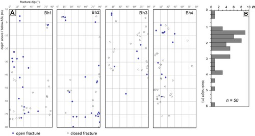 Figure 6. Bodagrottorna. (A) Fractures observed in boreholes (down hole video and radar) adjacent to Bodagrottorna, replotted from Carlsten and Stråhle (Citation2000). Depth versus fracture dip; open fractures highlighted. Clusters of steep fractures may record the same fracture, due to undulating fractures. (B) Histogram (bins 0.25 m) of block height near surface, measured in the field. All blocks have abraded tops, so this represents depth of first subhorizontal fracture beneath the abraded surface. Figure © Svensk Kärnbränslehantering AB.