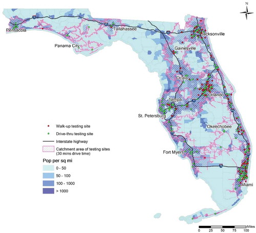Figure 1. Testing sites distribution, catchment area, and population density in Florida