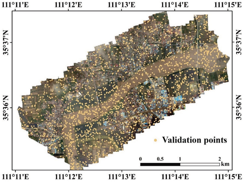 Figure 3. The UAV DOM obtained on 12 October 2021. Yellow points were randomly generated (2,000 in total) for validation purposes in Section 4.