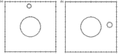 Figure 4. Discretization of square section with centred-hole cases. (a) Top cavity case; (b) Right-hand cavity case.