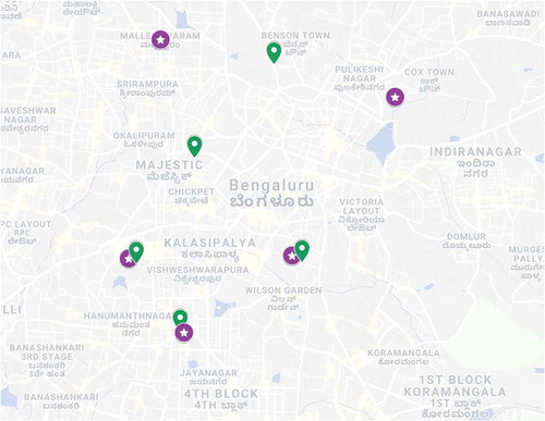 Figure 1. Bangalore has 15 town areas which served as the first stage sampling frame in the multistage sampling strategy utilised for the analysis. The purple (starred) and green (drop shaped) pins in the map (generated using Google My Maps application) indicate the 5 town areas randomly selected in Round 1 and Round 2 respectively. In the second stage 2 slums each were selected randomly from each of the 5 town areas, leading to 10 (non-overlapping) slums being surveyed in each round