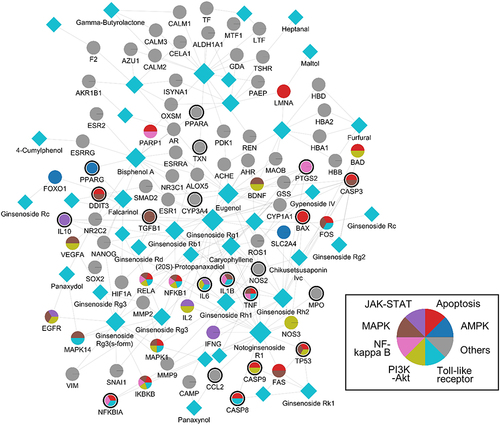 Figure 1 A compound-target network of RG. Circles and diamonds denote protein targets and compounds, respectively. The circle edge and body color indicate targets and signaling path-ways related to oxidative stress and NAFLD, respectively. Edges denote interactions between compound and target.