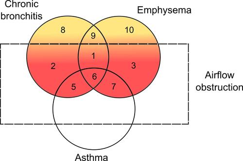 Figure 2 Non-proportional Venn diagram of COPD. This diagram illustrates the subsets of patients with chronic bronchitis, emphysema and asthma. The red areas (subsets 1–7) consist of COPD patients with differing clinical and pathological phenotypes of COPD. The majority of patients with COPD will have airflow obstruction together with features of chronic bronchitis and emphysema (subset 1). Some COPD patients may predominantly have symptoms of chronic bronchitis (subset 2) or emphysema (subset 3) or even have features of asthma (subsets 5–7). Those without airflow obstruction (subsets 8–10) are not classified as having COPD but may have pathophysiological features such as chronic bronchitis (subset 8), emphysema (subset 10) or both (subset 9) that if detected and treated early may prevent progression to established COPD. Adapted with permission of the American Thoracic Society. Copyright © 2021 American Thoracic Society. All rights reserved.  American Thoracic Society. Definitions, epidemiology, pathophysiology, diagnosis, and staging. Am J Respir Crit Care Med. 1995;152(5pt2):S78–S83. The American Journal of Respiratory and Critical Care Medicine is an official journal of the American Thoracic Society. Readers are encouraged to read the entire article for the correct context at https://www.atsjournals.org/doi/10.1164/ajrccm/152.5_Pt_2.S78. The authors, editors, and The American Thoracic Society are not responsible for errors or omissions in adaptations.Citation13 