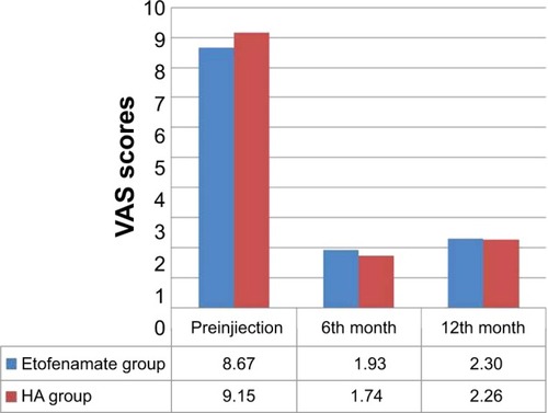 Figure 3 The mean preinjection and 6- and 12-month follow-up VAS scores.