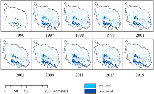 Figure 4. Spatiotemporal variation of permanent and seasonal water area in Devils Lake during 1990–2019. Most extreme years in terms of wetness and dryness are shown.