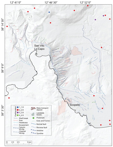 Figure 2. Map showing distribution of epicentres across the study area and the main geomorphological features.