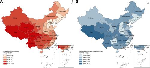 Figure 4 (A) Age-standardized mortality rate of COPD per 100,000 population by province, 2020; (B) the percentage change in age-standardized mortality rate of COPD by province, 2005–2020.
