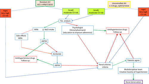 Figure 5 Diagnostic and therapeutic algorithm for setting the indication for renal denervation according the consensus of the Croatian Hypertension League.