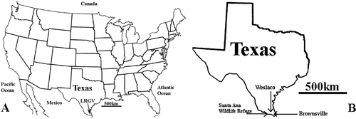 Figure 1. Maps of the United States of America and Texas. A. The entire country and Texas with the Lower Rio Grande Valley (LRGV). B. The State of Texas and the location of the Brownsville, Weslaco, and Santa Ana Wildlife Refuge study sites.
