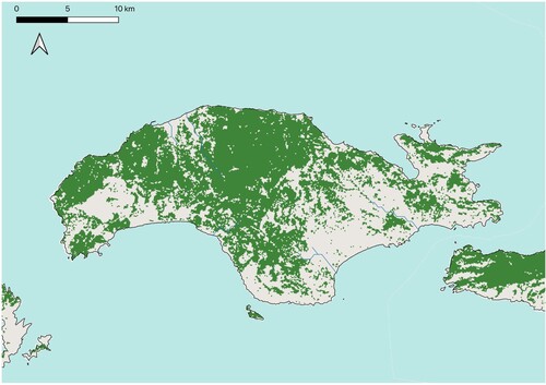 Figure 5. Forests land cover of Samos. Map created with data available from the European Forest Institute. (Author)