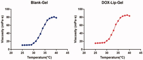 Figure 4 Viscosity analysis of blank gel (a) and DOX-Lip-Gel (b) with respect to temperature. The gel concentration was 20 wt%.