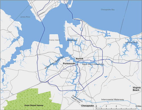 FIGURE 1. The Elizabeth River region, including major towns, connections to the James River and the Chesapeake Bay to the north, and to the Intracoastal Waterway and Dismal Swamp to the south.