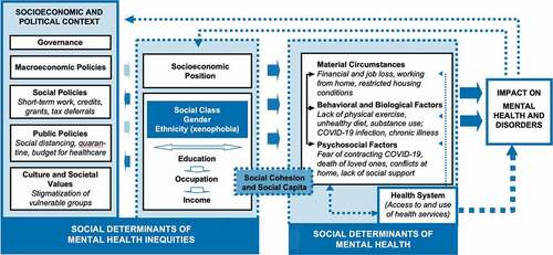 Figure 1. Social determinants of mental health during the COVID-19 pandemic. Framework adapted from the WHO’s Conceptual Framework for the Social Determinants of Health (Solar & Irwin, Citation2010).