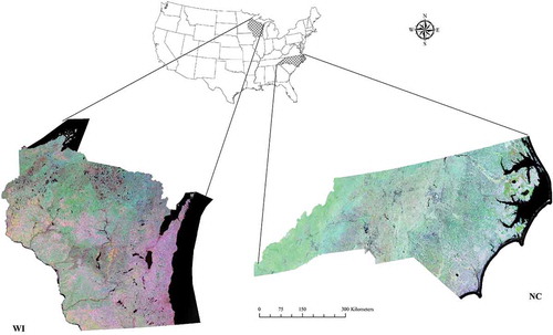 Figure 1. Study area: state of Wisconsin and North Carolina, USA. For full color versions of the figures in this article, please see the online version.