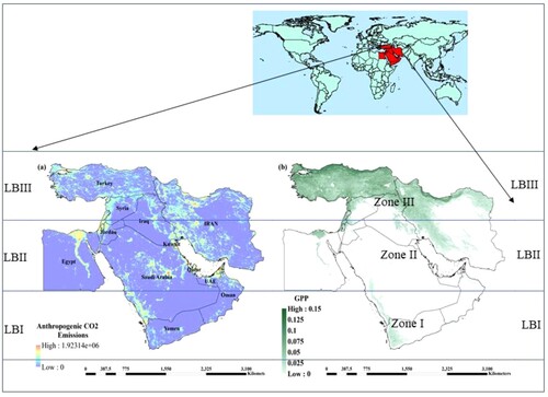 Figure 1. Spatial distribution of the annual mean of (a) ODIAC CO2 emission and (b) GPP in ME from 2003 to 2019.