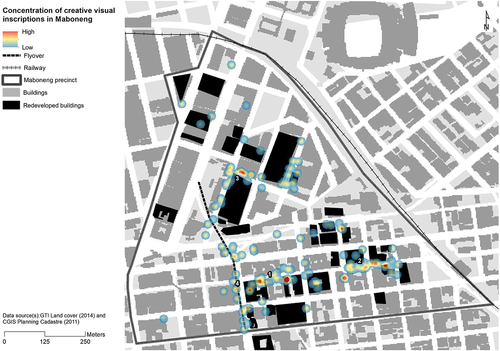 Figure 4. Concentration of creative visual inscriptions in Maboneng. Map by author.