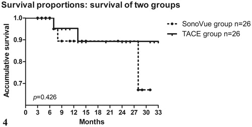 Figure 4. The accumulative survival curves, calculated with the Kaplan–Meier method, for patients treated with TACE + HIFU (solid line, TACE group, n = 26) and SonoVue + HIFU (dotted line, SonoVue group, n = 26). The median survival time was 30 months in the SonoVue group and 33 months in the TACE group. Neither accumulative survival rates nor median survival time were statistically significant in these two groups (p > .05).
