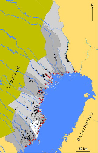 Figure 3. Villages in Västerbotten county (corresponding to today’s Norrbotten and Västerbotten counties) according to the tax register of 1543, marked as open circle. The villages involved in interior lake fishing in 1553 are marked as filled triangle and those engaged in seal hunting with filled circle.