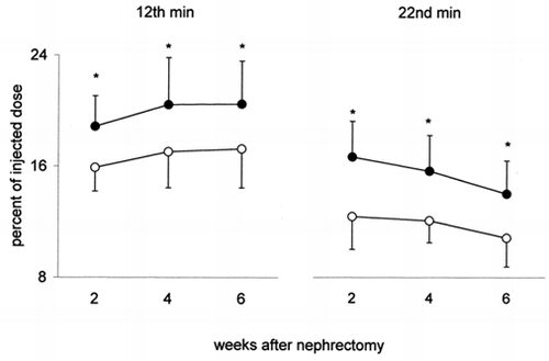 Figure 4. Kidney uptake of 131I-β2-microglobulin (radioactivity per gram of left kidney, percent of the injected dose) in uninephrectomized rats (•) and in controls (○) 2, 4 and 6 weeks after nephrectomy. On the left the values at the 12th min after i.v. injection of 131I-β2-microglobulin (peak-time); on the right those at the 22nd min. Mean values ± SD, *p < 0.05