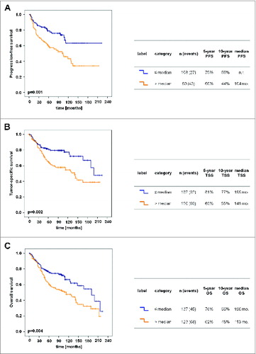 Figure 3. Increased numbers of slanDCs in ccRCC tissues are associated with poor prognosis. Kaplan–Meier curves demonstrate the association between the number of slanDCs in primary ccRCC tissues and progression-free survival (A), tumor-specific survival (B) or overall survival (C) of ccRCC patients. The table next to each Kaplan–Meier curve comprises the number of patients in each category, the 5- and 10-year survival rates, and the median survival time. Statistical comparison between groups of patients was conducted by log-rank test. P values <0.05 indicate a statistically significant difference. mo.: months; n.r.: not reached; PFS: progression-free survival; TSS: tumor-specific survival; OS: overall survival.