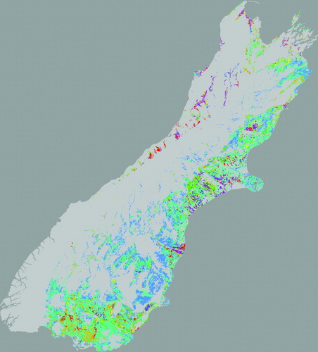 Figure 2  Nitrate leaching (kg nitrate-N ha−1 yr−1) in the South Island: grey (0–2); blue (2–5); teal (5–10); olive green (10–15); yellow (15–20); orange (20–30); red (30–40); purple (>40).