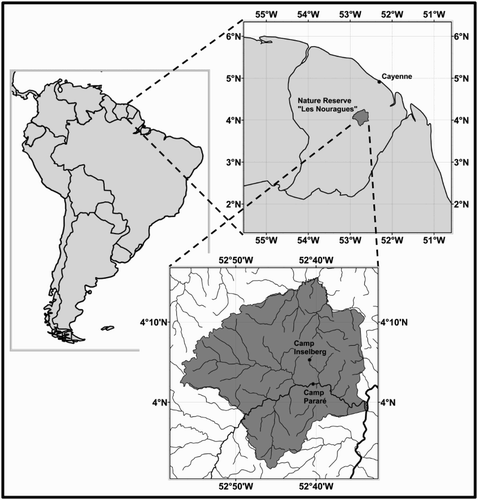 Figure 1. Location of the research camps ‘Inselberg’ and ‘Saut Pararé’ in the ‘Les Nouragues’ nature reserve; lines in the insert of the nature reserve represent the drainage system, with the rivers ‘Approuague’ (major) and ‘Arataye’ (minor) in bold. Outline of the nature reserve and drainage system data were provided by the French National Forest Agency (Office National des Forêts, ONF), the world borders dataset was obtained from www.thematicmapping.org under the creative commons attribution-share alike license 3.0.