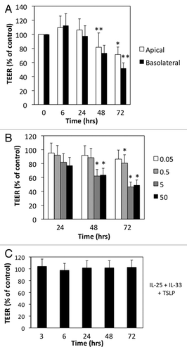 Figure 1. IL-4 selectively increases permeability of model airway epithelial cell monolayers. (A) 16 HBE cells were incubated with IL-4 (50 ng/ml) applied to the apical (open bars) or basolateral (closed bars) surface for different time points. (B) Dose response for the indicated concentrations of IL-4 (ng/ml) over time. (C) 16HBE cells were incubated with a cocktail of TSLP+IL-25+IL-33 (50 ng/ml each) for the indicated time points followed by analysis of TEER. All data are expressed relative to TEER measured in control cells (typical values > 550 Ω × cm2), which was set as 100%, and are the mean ± SEM of n = 5−12 experiments; *p < 0.05, **p < 0.001.