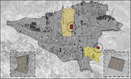 Figure 1. Location of the two neighbourhoods, Gisha and Afsariyeh in Tehran. The yellow areas signify the respective urban district boundaries.