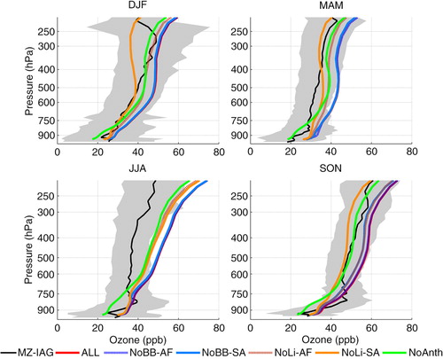 Fig. 19 Comparison of climatological seasonal mean vertical profile of ozone concentrations measured over Rio de Janeiro and São Paulo and estimated numerically with GEOS-Chem for year 2009. Five different runs were performed, considering all NO x emission sources and turning off NO x emissions from biomass burning and lightning from Africa and South America in sensitivity analysis tests. Grey shading represents the SD of the measured concentrations and indicates their variability throughout the season.