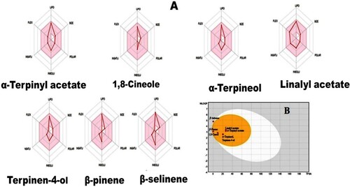 Figure 6. Bioavailability radar (A) and boiled-egg graph (B) of the selected compounds of GCEO.