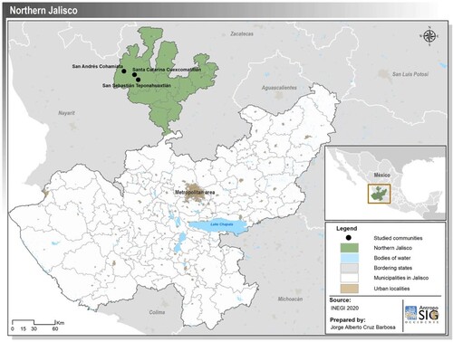 Figure 1. Map of Jalisco State showing northern Jalisco and wixaritari communities.