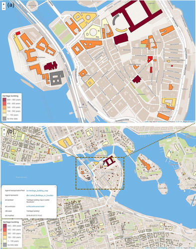 Figure 5. Heritage building maps in central Stockholm underpinned by the knowledge-based geovisualisation. The base map is OSM, and the ages are calculated based on the beginning time of the construction of (part of) each building.