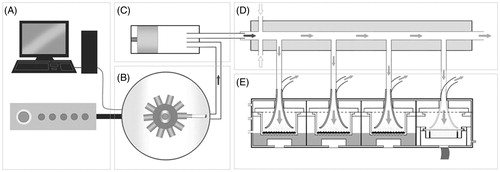 Figure 2. A schematic representation of the Vitrocell® VC 10 smoke exposure system. (A) Computer, software controller and air-flow controller. (B) Smoking Robot carousel and ventilation hood where cigarettes are smoked. (C) Piston/syringe which draws and delivers smoke to the dilution system. (D) Dilution, transit and delivery of aerosol occurs in the dilution bar. (E) Smoke exposure module (Vitrocell® 6/4 CF Stainless Steel module) which holds the Transwells® maintained at the ALI. Smoke is sampled from the dilution system into the exposure module via negative pressure applied through a vacuum pump at 5 ml/min/well. The central islands can be removed and QCMs can be installed into each position or as shown in position 4 [Taken from Thorne et al. (Citation2013a).].