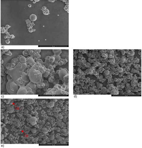 Figure 4. SEM images of spray dried trehalose/mannitol series (100/0—a; 75/25—b; 50/50—c; 25/75—d; 0/100—e) illustrating powder surface characteristics. The scale bars correspond to 50 µm.