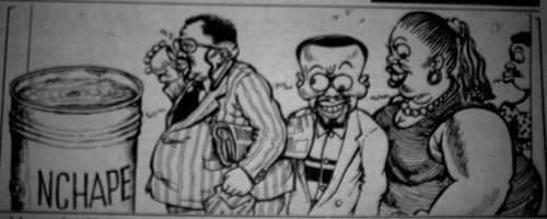 Figure 2.  One of a series of political cartoons depicting the scene at Chikamana Village. ‘Kamadyaapa’. Daily Monitor, 3 April 1995, 11.