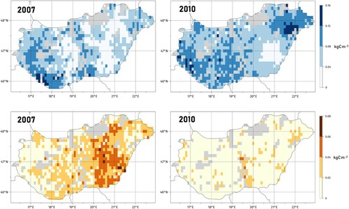 Figure 6. Spatial distribution of the yearly component of the climate (top) and soil (bottom) database related uncertainty of cropland NPP in a dry and in a wet year. 2007 was one of the most drought-affected years and 2010 was the wettest year of the investigated time period (1981-2010).