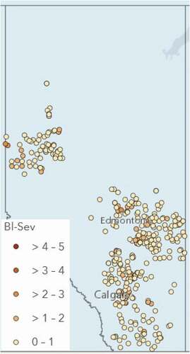 Fig. 1 The location and severity of blackleg symptoms in 359 canola fields in Alberta in 2021.