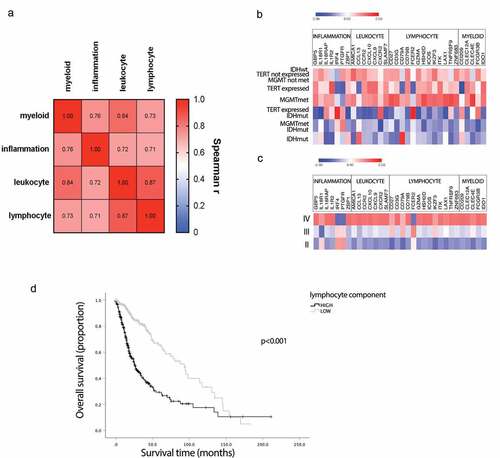 Figure 2. Validation of the identified signature with the TCGA cohort. (a) Correlation matrix (Spearman r) between average gene expression of the four immune signature components (all correlations, p < .001). (b) and (c) heatmaps showing the Z score of the signature gene expression according to the genotype (b) and grade (c). (d) Survival curves from patients with high and low expression of the signature; p < .001, Log Rank test (Mantel-Cox). Black curve: median survival = 25.9 months, gray: median survival = 93.2 months. The Hazard ratio (HR) between high and low expression of the signature was 3.05 (95% CI, 2.318 to 4.013, p < .001).