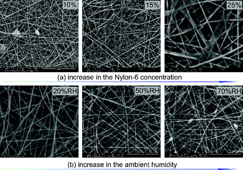 FIG. 3. SEM images of electrospun media obtained from the Nylon-6 solutions with different (a) concentrations and (b) relative humidity (RH).