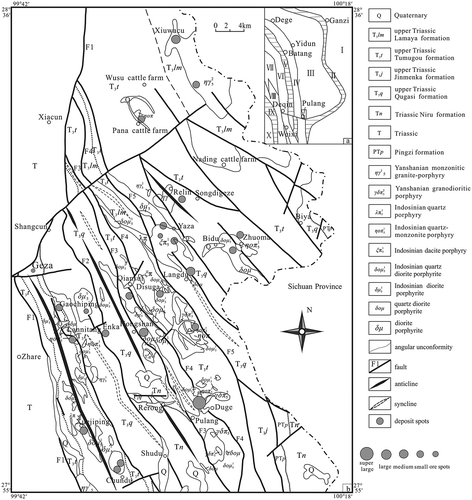 Figure 1. Simplified geological map of Geza arc (revised after Yunnan geological survey) (a) Tectonic map of Geza island arc, (b) Distribution diagram of magmatic rocks and mineral resources.