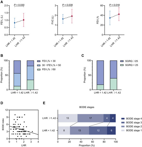 Figure 2 Comparisons of the condition of COPD patients according to the LHR median. (A) The FEV1, FVC and FEV1% level of COPD patients according to LHR. (B) The air flow limitation degree of COPD patients according to LHR. (C) The proportion of COPD patients with high SGRQ scores according to LHR. (D) Correlations of the BODE index with LHR, ρ = −0.312, P = 0.006. (E) The BODE stages of COPD patients according to LHR.