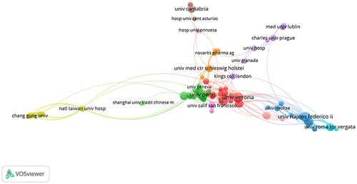 Figure 3 The affiliations’ collaboration network visualization map generated by VOSviewer.