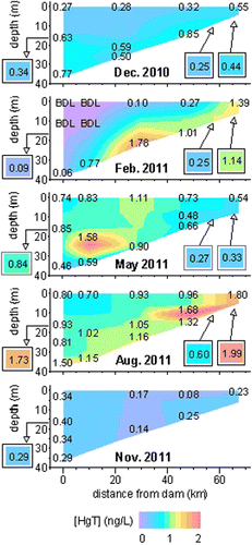 Figure 5 Contour plots of total mercury [HgT] in filtered water samples (in ng/L) collected in Grand Lake during this study. Other details are as in Figure 4.