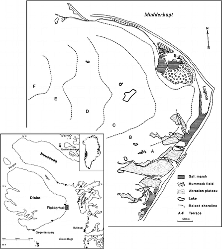 FIGURE 1.  Location map showing Greenland, the position of Disko and the location of Flakkerhuk. The landscape morphology is mapped (modified from CitationNielsen, 1969) showing the various plateaus (A–F) separated by raised shorelines. Filled circles represent sites where either sediments on Arveprinsen Ejland (CitationLong et al., 1999) or dated shells and other organic matter from the region (CitationRasch, 1997) have been dated