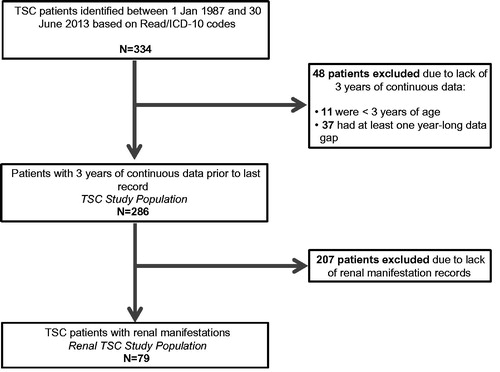 Figure 1. Patient exclusion criteria to arrive at the TSC study population and the Renal TSC study population.