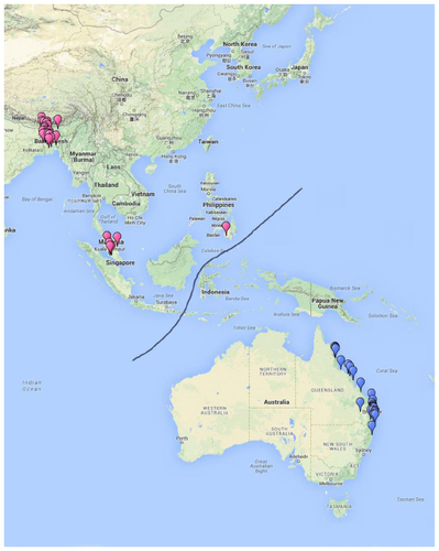 Figure 1 Geographical locations of up to date reported Hendra virus (blue) and Nipah virus (pink) outbreaks.