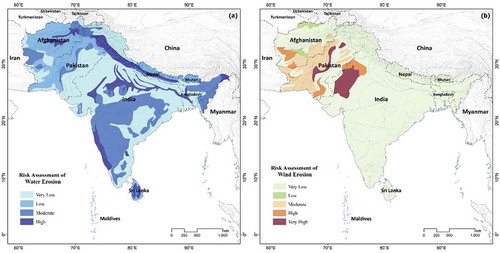 Figure 14. Intensity map of (a) water erosion and (b) wind erosion in the South Asia.