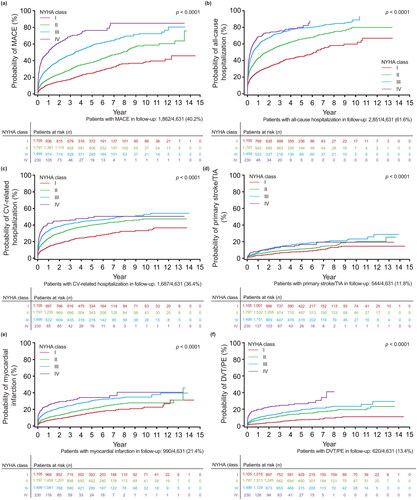 Figure 2. Probability of outcomes over time by index NYHA class, accounting for death as a competing risk for (a) MACE (N = 4631); (b) all-cause hospitalization (N = 4631); (c) CV-related hospitalization (N = 4631); (d) primary ischemic stroke or TIA (N = 4631); (e) MI (N = 4631); and (f) DVT/PE (N = 4631). Abbreviations. CV, cardiovascular; DVT, deep vein thrombosis; MACE, major adverse cardiovascular event; MI, myocardial infarction; NYHA, New York Heart Association; PE, pulmonary embolism; TIA, transient ischemic attack.