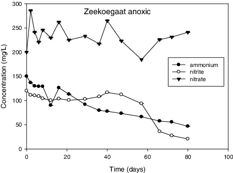 Figure 2. Zeekoegaat anoxic represents results from reactor inoculated with sludge samples obtained from the anoxic zone of the secondary stage of Zeekoegaat treatment plant.