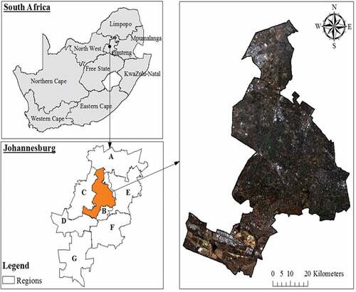 Figure 1. Map of South African provinces showing the location of the study area in Johannesburg’s regions and the true-colour WorldView-2 satellite imagery of the Randburg municipal area located in the City of Johannesburg